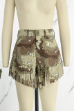 Army Green Casual Camouflage Print Tofs Patchwork Mid Waist Regular Denim Shorts