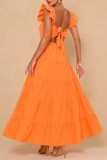 オレンジ セクシー ソリッド バックレス スクエア カラー ロング ドレス ドレス