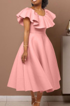 Vestido de noche con cuello en O y volantes de patchwork liso elegante rosa Vestidos