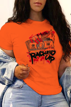 Camisetas con cuello en O de patchwork con estampado de calle informal naranja