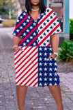Red White Casual Flag Star Print Patchwork V Neck Short Sleeve Plus Size Loose T-shirt Dresses