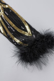 Zwarte elegante pailletten patchwork veren V-hals kokerrokjurken