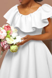Weiße, elegante, solide Patchwork-Volant-O-Ausschnitt-Abendkleider