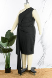 Schwarzes, lässiges, festes, rückenfreies Patchwork-Kleid mit schrägem Kragen, ärmelloses Kleid in Übergröße