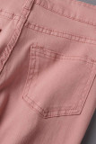 Jeans de mezclilla regular de cintura media rasgados con borla sólida casual rosa