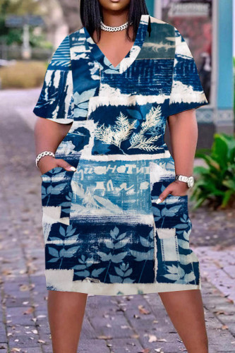 Dark Blue Casual Print Patchwork V Neck Short Sleeve Dress Plus Size Dresses