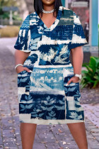 Vestido de manga curta azul escuro estampado casual patchwork com decote em V vestidos tamanho grande