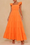 オレンジ セクシー ソリッド バックレス スクエア カラー ロング ドレス ドレス