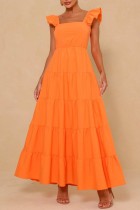 Оранжевое сексуальное однотонное длинное платье с квадратным воротником и открытой спиной Платья