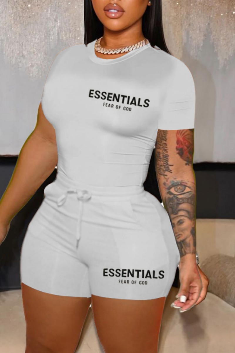 

White Casual Letter Print Basic O Neck Short Sleeve Two Pieces