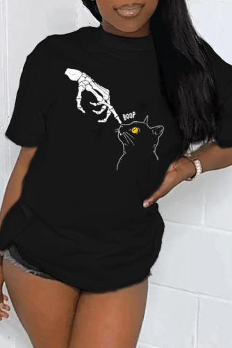 Svart Street Söt Skull Patchwork O-hals T-shirts