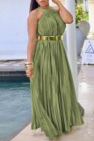 Light Green Casual Solid Pleated O Neck Long Dress (Without Belt)