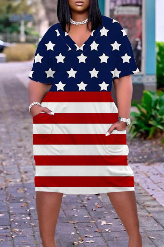 Dark Blue Red Casual Flag Star Print Patchwork V Neck Short Sleeve Plus Size Loose T-shirt Dresses