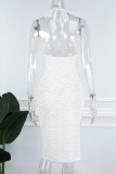 White Sexy Solid Patchwork See-through Slit Halter Dresses