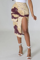 Aprikosenfarbene Street-Print-Patchwork-Hose mit Taschenschlitz, hoher Taille und geradem Volldruck