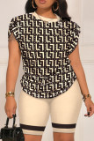 Khaki Casual Street Print Patchwork O Neck Short Sleeve Two Pieces