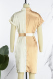 パープル カジュアル ソリッド パッチワーク コントラスト ターンダウン カラー 半袖 ドレス ドレス