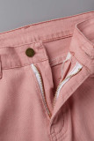 Jeans de mezclilla regular de cintura media rasgados con borla sólida casual rosa