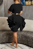 Blue Casual Solid Patchwork O Neck Short Sleeve Dress (Without Belt)
