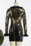 Black Elegant Sequins Patchwork Feathers V Neck Pencil Skirt Dresses