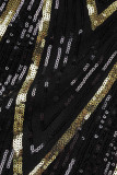 ブラック エレガント スパンコール パッチワーク フェザー V ネック ペンシル スカート ドレス