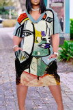 Vestido multicolorido casual estampa patchwork básico decote em V manga curta vestidos tamanho grande