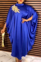 Синее повседневное однотонное длинное платье в стиле пэчворк с высоким воротником Платья больших размеров