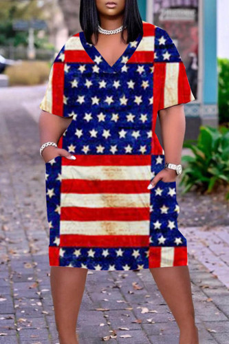 Red Blue Casual Flag Star Print Patchwork V Neck Short Sleeve Plus Size Loose T-shirt Dresses
