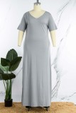 Graues, lässiges, solides Basic-Kleid mit V-Ausschnitt und kurzen Ärmeln Kleider in Übergröße
