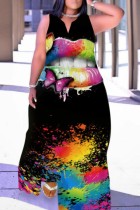 マルチカラー ファッション カジュアル プラス サイズ プリント パッチワーク V ネック ノースリーブ ドレス