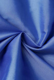 Blue Casual Patchwork Contrast Shirt Collar A Line Plus Size Dresses
