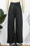 Calça preta casual patchwork regular cintura alta convencional de cor sólida