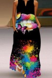 Svart Mode Casual Plus Size Print Patchwork V-ringad ärmlös klänning