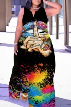 カラー ファッション カジュアル プラス サイズ プリント パッチワーク V ネック ノースリーブ ドレス