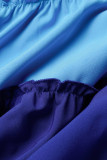 ブルー カジュアル パッチワーク コントラスト シャツ カラー A ライン プラス サイズ ドレス
