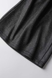 Calça preta casual patchwork regular cintura alta convencional de cor sólida