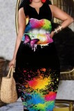Multicolor Rainbow Fashion Casual Plus Size Print Patchwork V Neck Sleeveless Tank Loose Maxi Dress