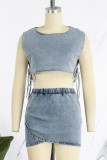 Baby Blue Casual Solid Bandage O Neck Sleeveless Two Pieces
