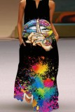 マルチカラー ファッション カジュアル プラス サイズ プリント パッチワーク V ネック ノースリーブ ドレス