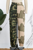 Calça camuflada casual com estampa de camuflagem patchwork regular cintura alta convencional patchwork