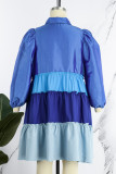 ブルー カジュアル パッチワーク コントラスト シャツ カラー A ライン プラス サイズ ドレス