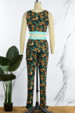 Multicolore Casual Sportswear Imprimer Patchwork Gilets Pantalon O Cou Sans Manches Deux Pièces
