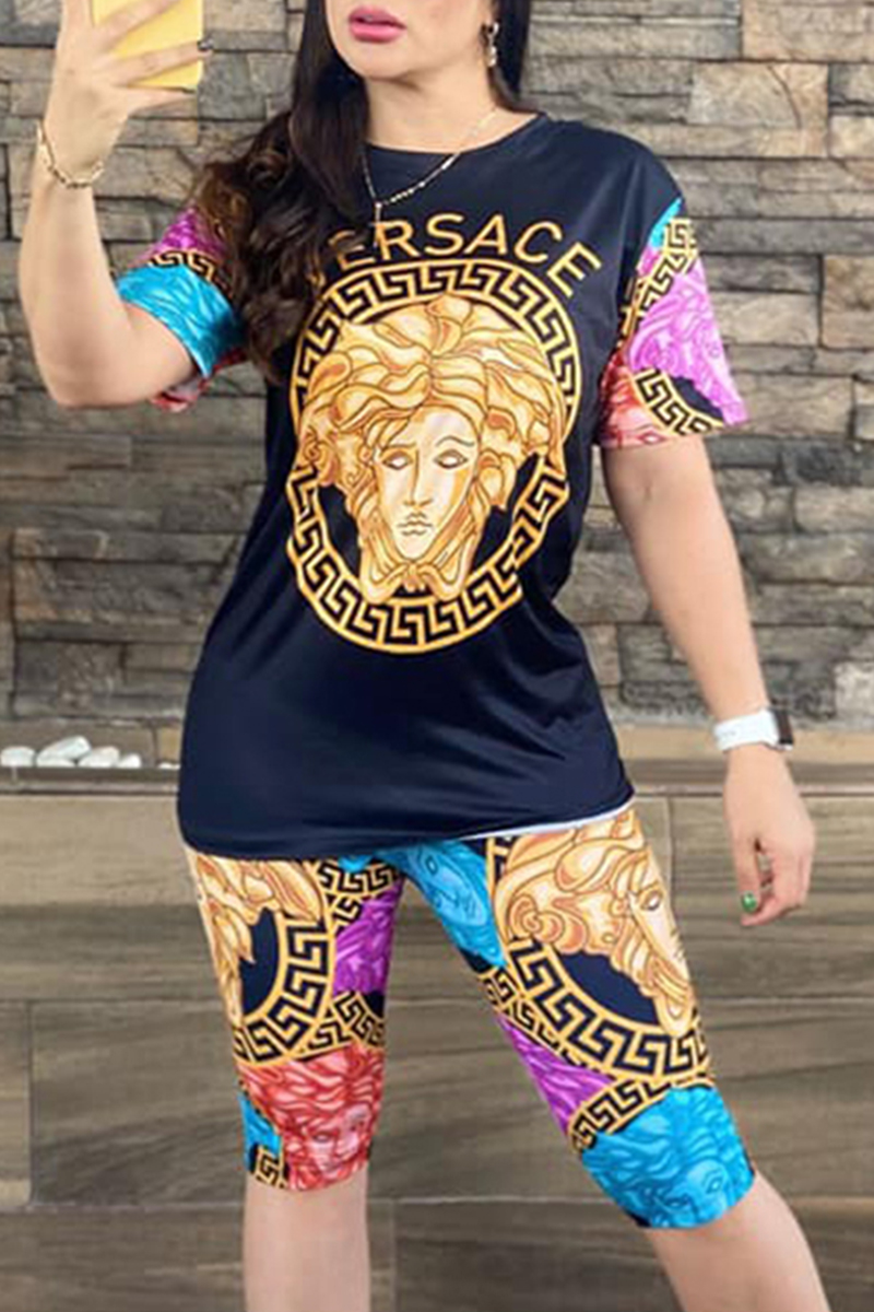 

Black Casual Figure Print Letter O Neck Short Sleeve Two Pieces