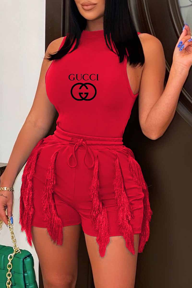 

Red Street Print Tassel Letter O Neck Sleeveless Two Pieces