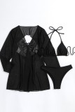 Ensemble de trois pièces de maillot de bain dos nu transparent en patchwork solide noir sexy (avec rembourrages)