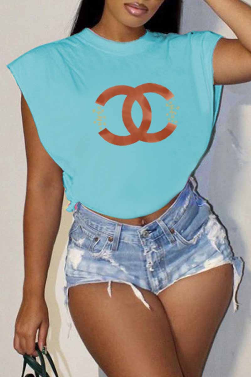 

Baby Blue Sexy Street Print Letter O Neck T-Shirts