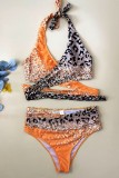 Laranja Sexy Print Bandage Leopard Patchwork Backless Swimwear (Com enchimentos)