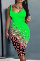 Зеленое повседневное принт Базовое платье-майка с U-образным вырезом Платья