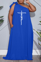 ブルー カジュアル ソリッド パッチワーク 斜め襟 ストレート プラスサイズ ドレス