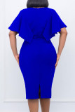 Bleu royal travail élégant solide évidé patchwork O cou une étape jupe robes